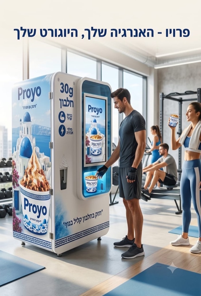 הדמיה של מכונת פרויו בחדר כושר, מתאמן בוחר מנה במסך המגע